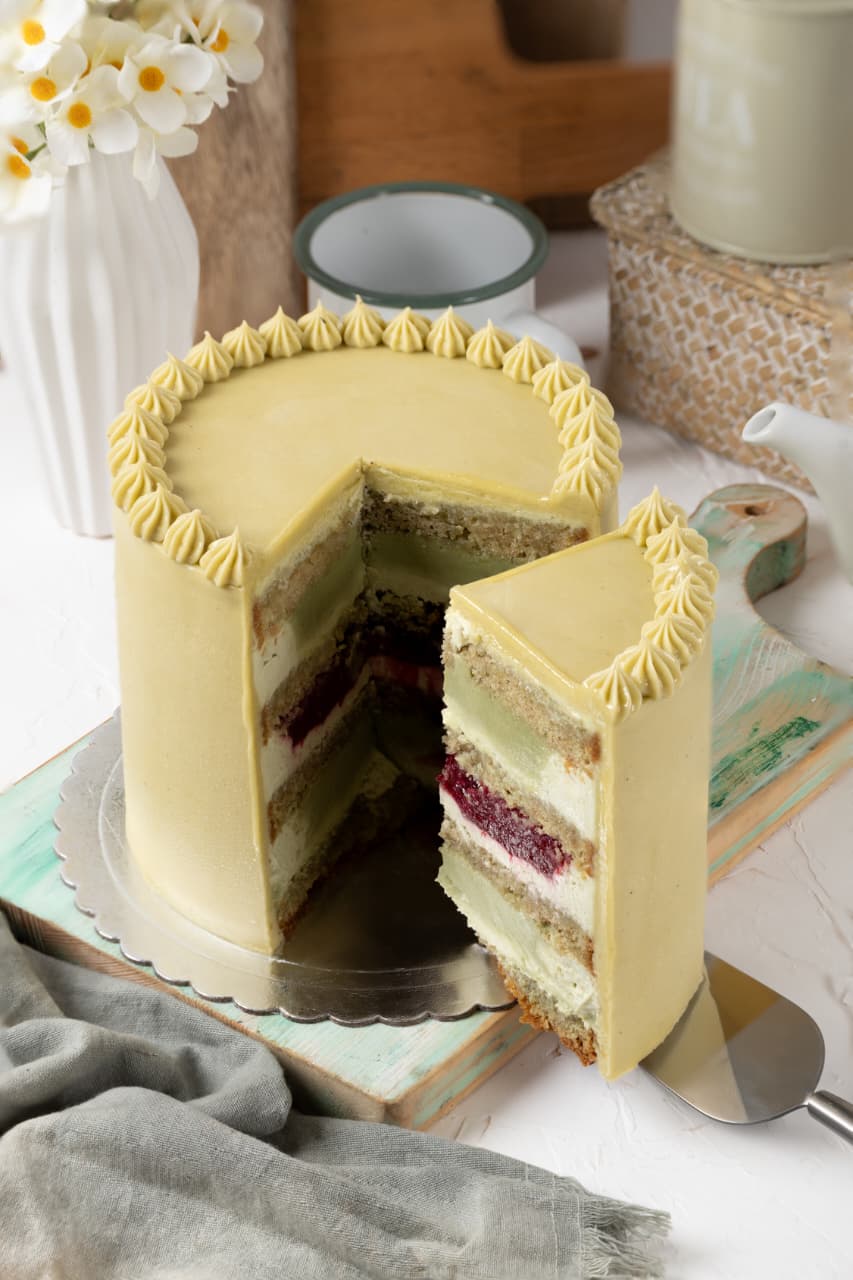 Pistachio raspberry signature cake
